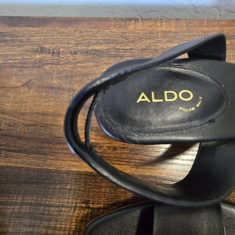 Aldo Dorenna Black Leather Square Toe Sandals With Low Block Heel Size 8.5-9 - Picture 5 of 12
